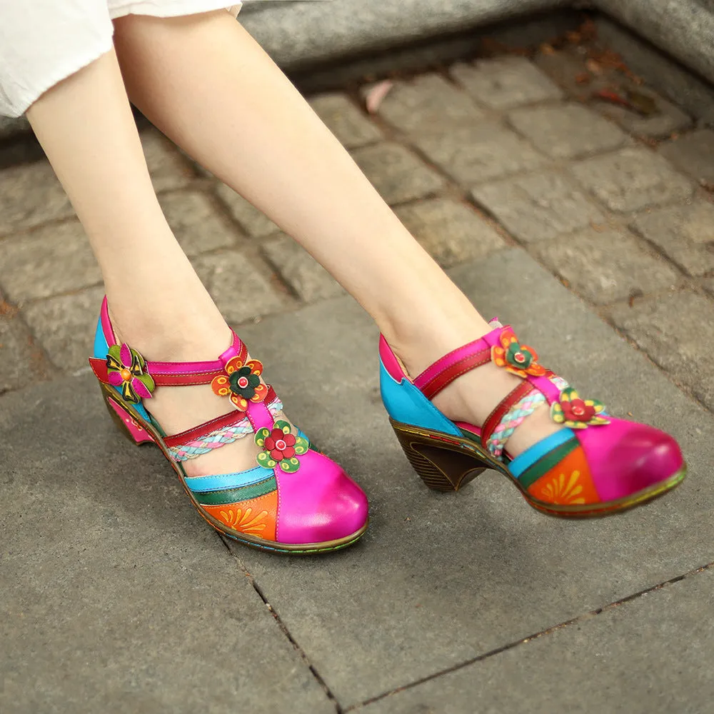 Vintage Bright Flowers Contrast Velcro Wedge Heel Round Head Mary Jane Shoes Hollow Sandals