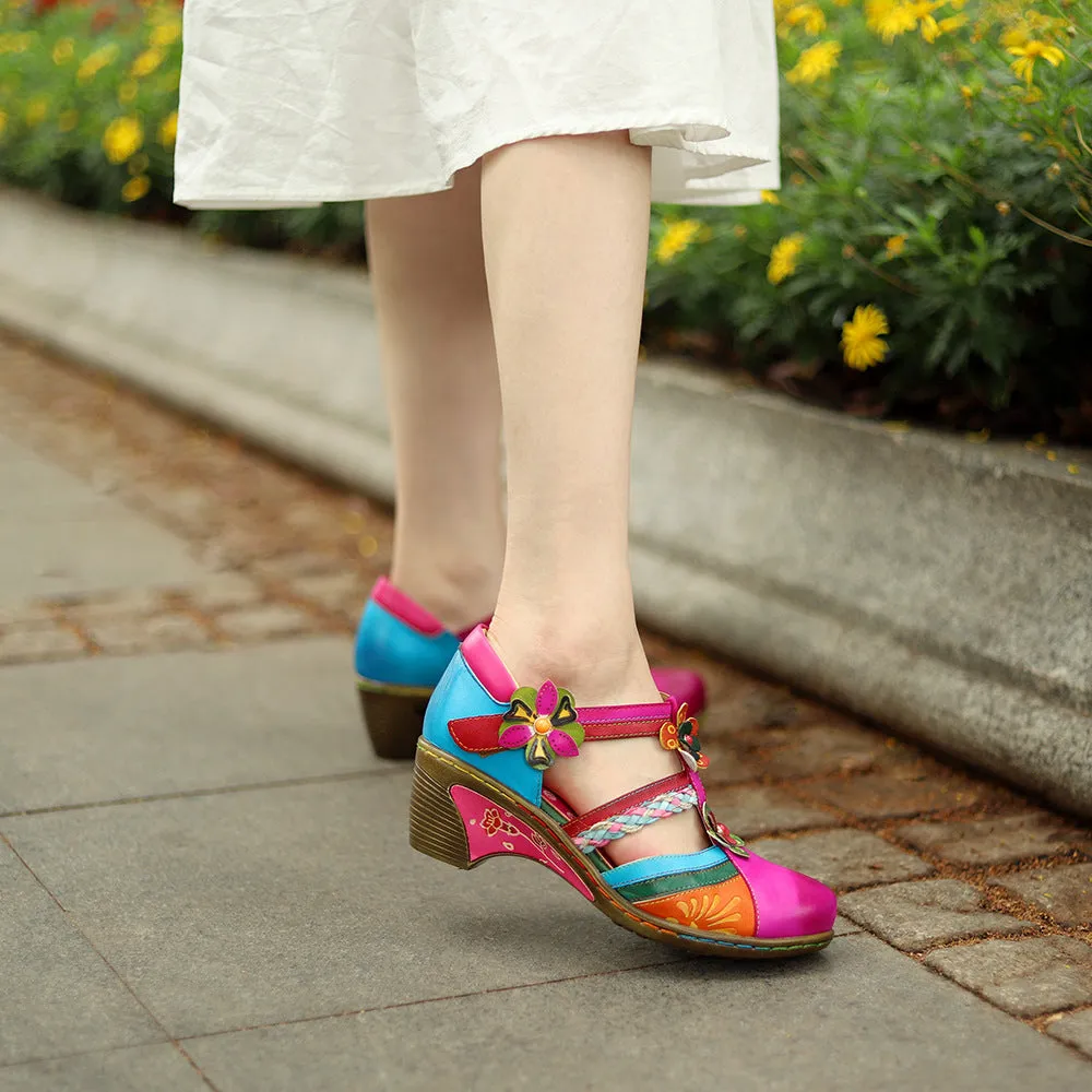 Vintage Bright Flowers Contrast Velcro Wedge Heel Round Head Mary Jane Shoes Hollow Sandals