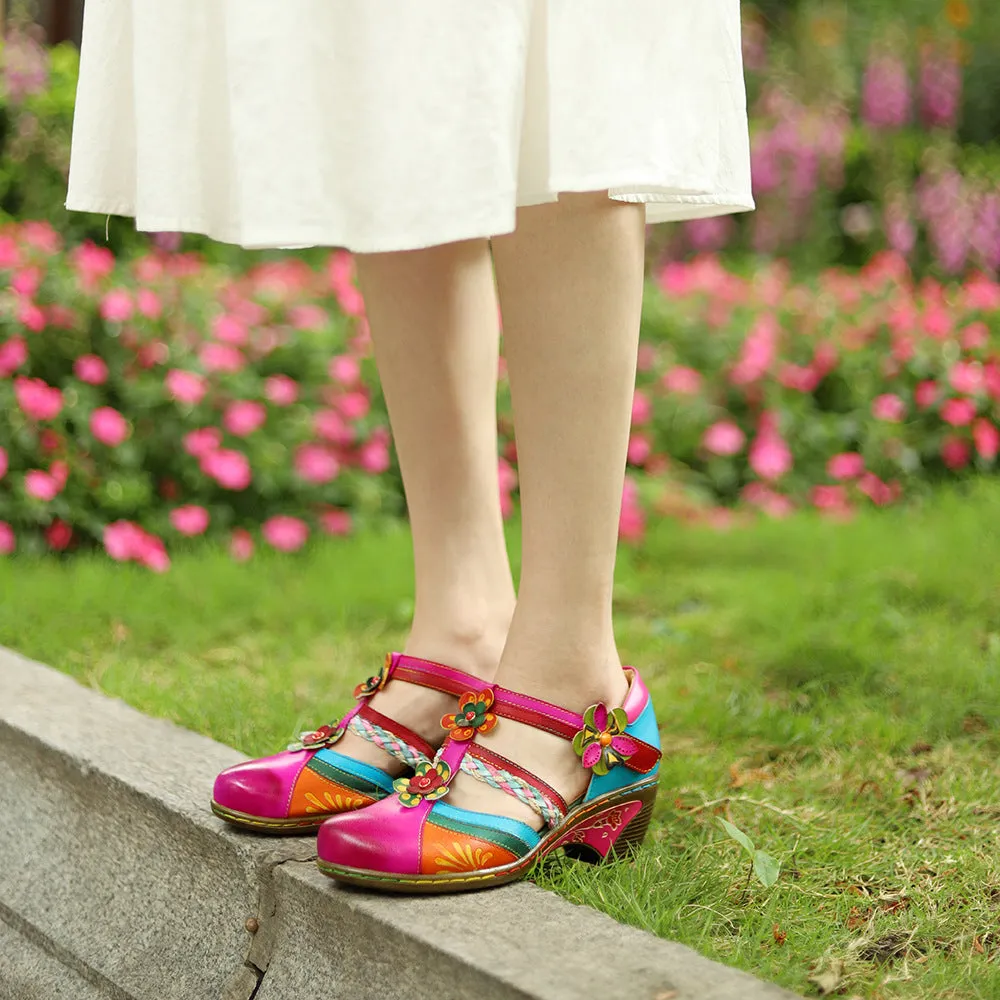 Vintage Bright Flowers Contrast Velcro Wedge Heel Round Head Mary Jane Shoes Hollow Sandals