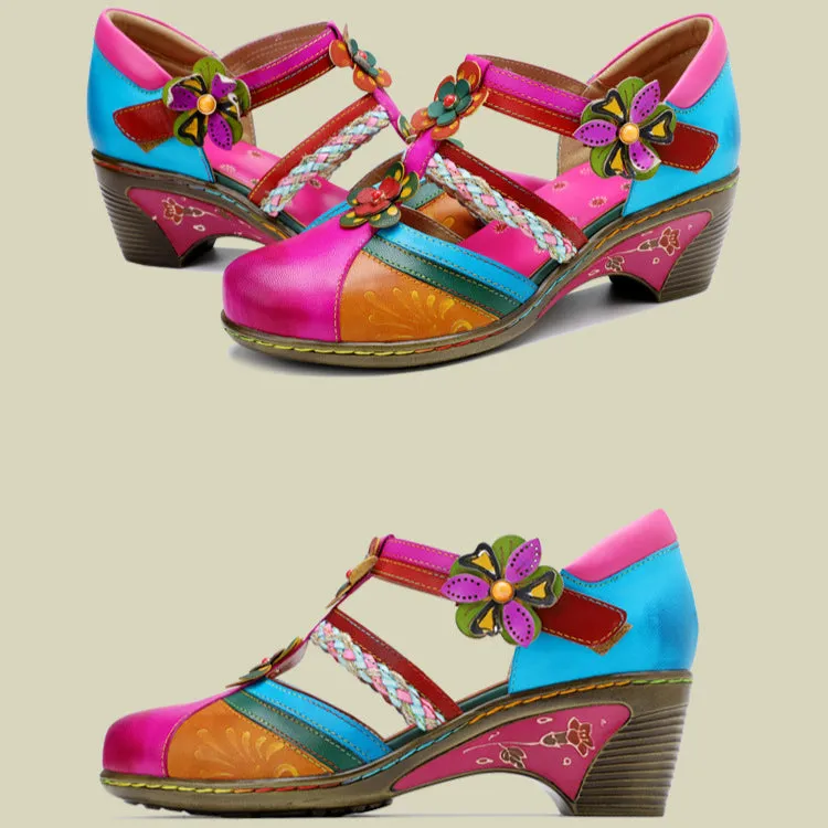 Vintage Bright Flowers Contrast Velcro Wedge Heel Round Head Mary Jane Shoes Hollow Sandals