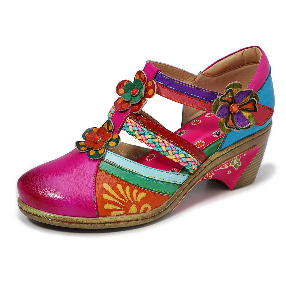Vintage Bright Flowers Contrast Velcro Wedge Heel Round Head Mary Jane Shoes Hollow Sandals