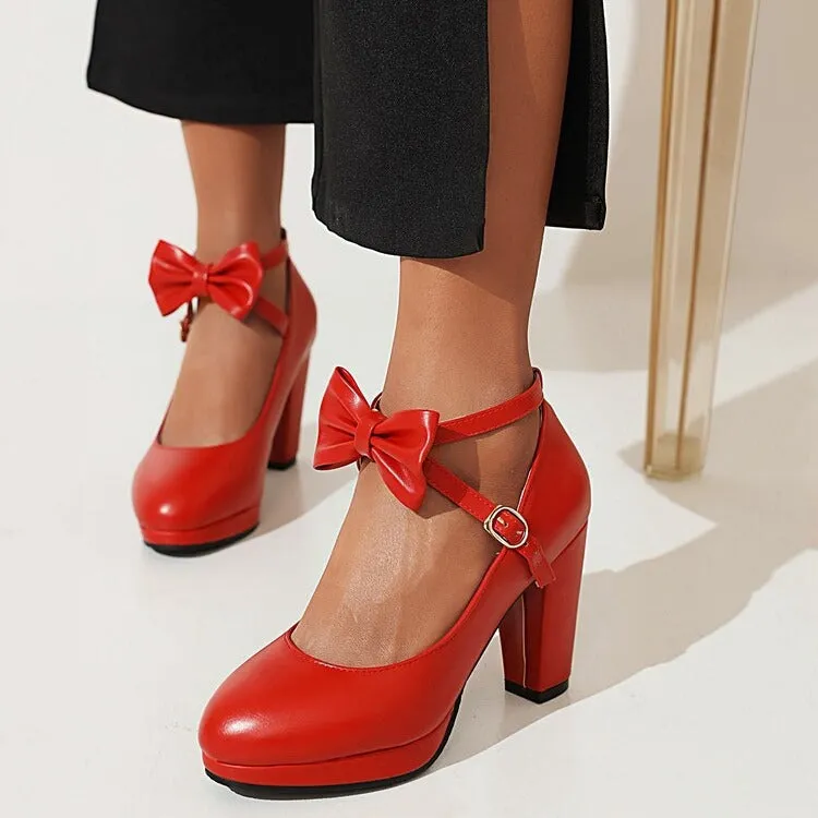 Women's Sweet Solid Color Bow  Ankle Strap Heels Chunky Heel Retro Elegant Heels