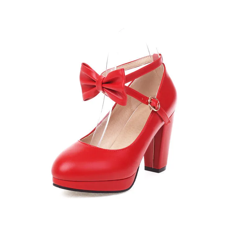 Women's Sweet Solid Color Bow  Ankle Strap Heels Chunky Heel Retro Elegant Heels