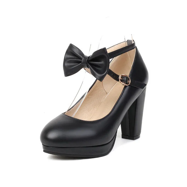 Women's Sweet Solid Color Bow  Ankle Strap Heels Chunky Heel Retro Elegant Heels