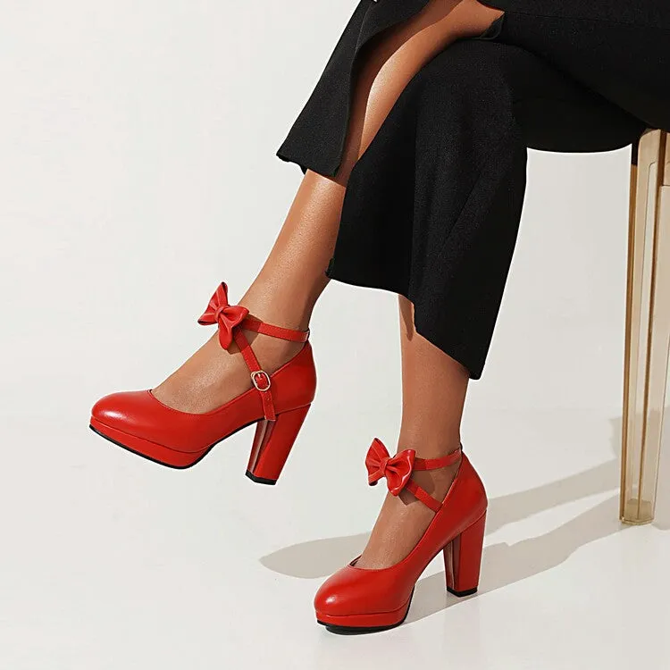 Women's Sweet Solid Color Bow  Ankle Strap Heels Chunky Heel Retro Elegant Heels