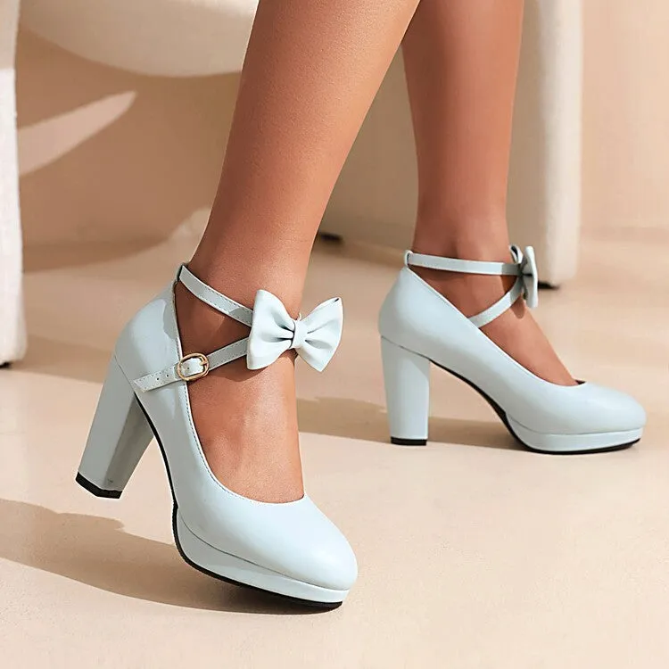 Women's Sweet Solid Color Bow  Ankle Strap Heels Chunky Heel Retro Elegant Heels